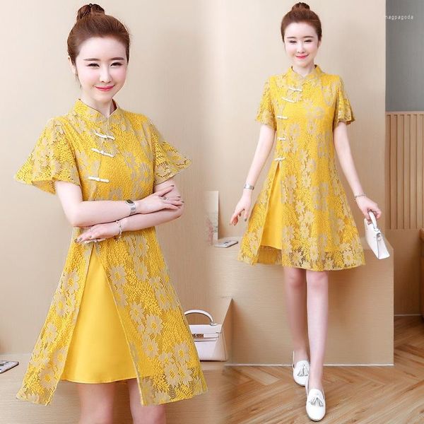 Ethnische Kleidung 2023 Chinses Jahr Cheongsam Orientalisches Kleid Robe Vintage Femme Vietnam Traditionelles gelbes chinesisches Qipao 11251