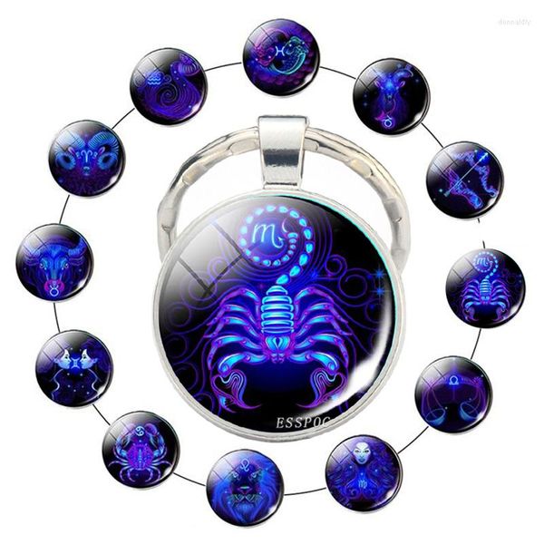Schlüsselanhänger 12 Sternzeichen Skorpion Löwe Glas Metall Schlüsselanhänger Frauen Männer Paare Autoschlüsselhalter Ringe Mode Astrologie Geschenke