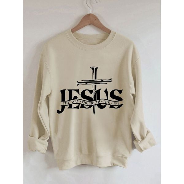 Camiseta feminina letras jesus imprimir retro vintage algodão mangas compridas moletom 230311