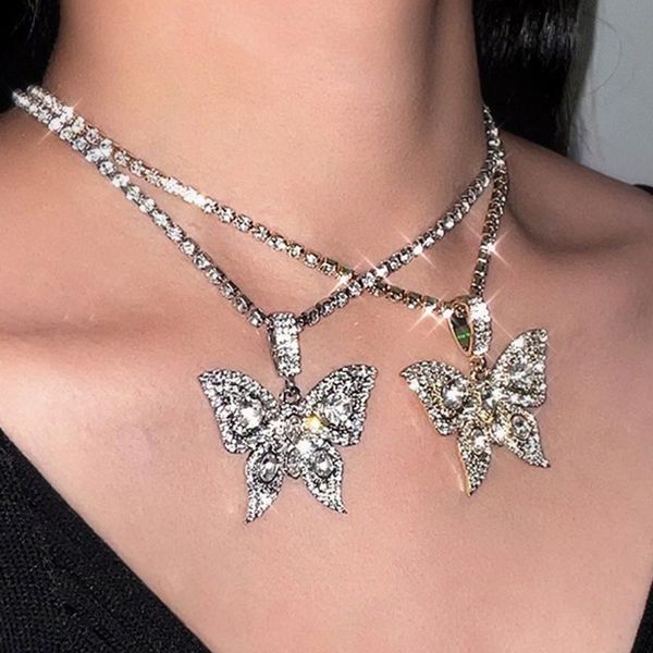 Ketten Punk Hiphop Shiny Big Schmetterling Anhänger Halskette Schmuck Frauen Großhandel Kristall Strass Tier Tennis Kette Choker 2023