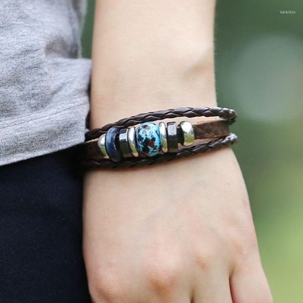 Charme Armbänder Punk Schmuck Multi-Schichten Einstellbare Leder Männer Armband Kleine Großhandel Edelstahl Blaue Perlen Für Paar