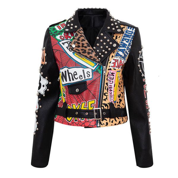 Jackets femininos Spring Faux Leather Jacket Women Leopard Punk Skull rebite e cadeia de alta cintura Motor 230310