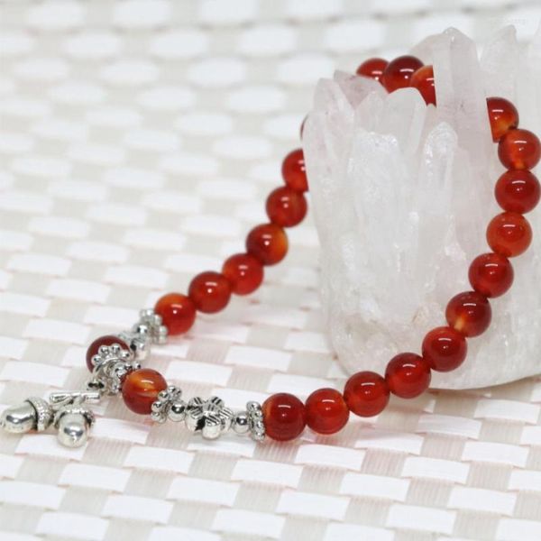 Strand Tibet Accessorio color argento Agat rosso naturale Onice Corniola Pietra 6mm Perline rotonde Bracciale elastico Gioielli da donna 7,5 pollici B1919