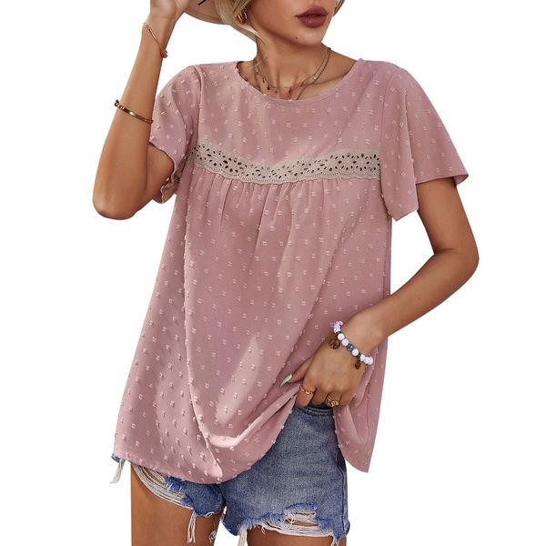 Camisas femininas Chiffon Lace Blouse Summer Summer Casual Round Neck de manga curta Pom pom pom top