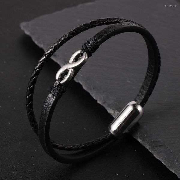 Strang Einfache Design Männer Geflochtene Echtes Leder Armband Armbänder 8 Knoten Rohr Edelstahl Charm Verschluss Pulseiras Masculina Schmuck