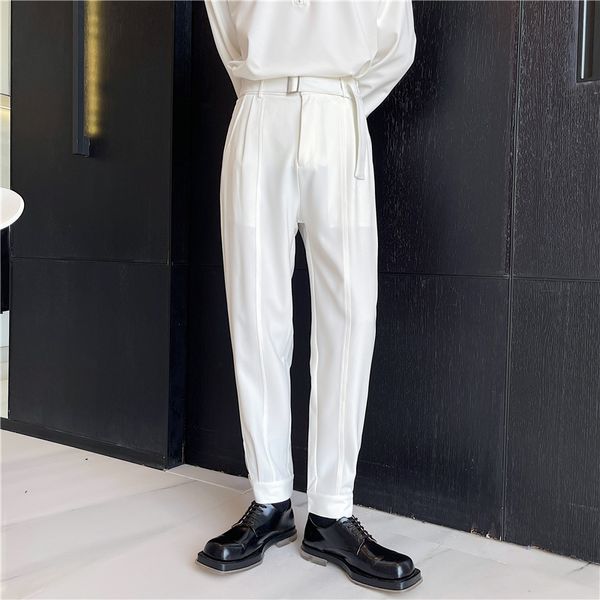 Calça masculina estilo coreano chic harém calças homens sólidos pretos brancos calças com cinto com cinto primavera verão cônico
