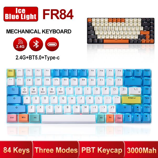 RF84 84 Tasten Gaming Mechanische Tastatur BT 5.0/Typ C/2,4G Drahtlose Tastaturen PBT Tastenkappe Blau/Braun Schalter Weiß Blaues Licht 3000