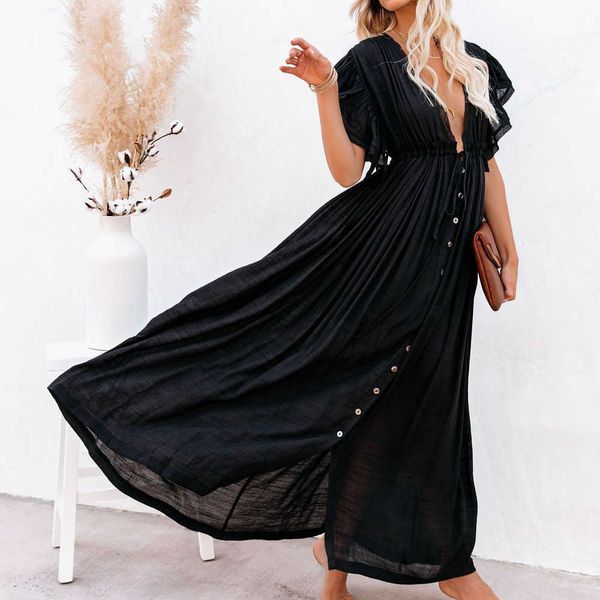 Abiti casual Summer Ladies Beach Long Dress 2021 Pure Color monopetto in vita con coulisse Beach Holiday in cotone e lino Abiti per la protezione solare G230311