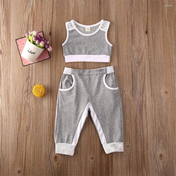 Set di abbigliamento Pudcoco 1-5Y Estate Bambini Neonate Vestiti Senza maniche Gilet solido Top Pantaloni lunghi Grigio Sport Abiti causali