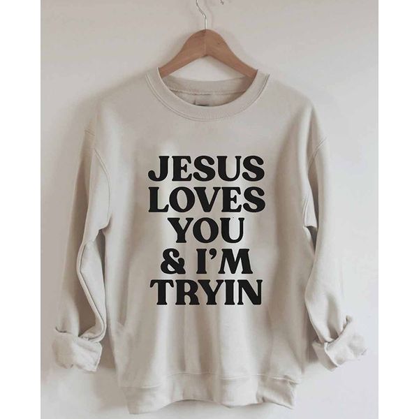 Camiseta feminina Jesus te ama, estou tentando imprimir retro vintage algodão mangas compridas moletom 230311