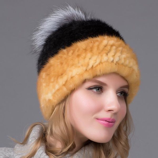 Berretti Beanie/Skull Caps Real Fur Woven Ball Bag Head Hat Visone Skin Keep Warm Protezione per le orecchie Berretto antivento per adulti lavorato a maglia femminile