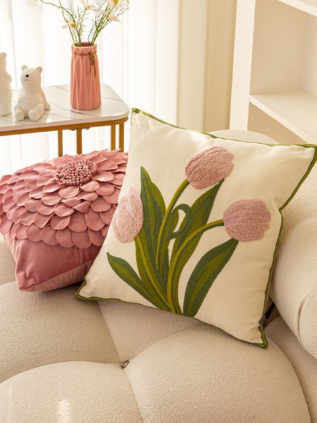 Almofada/travesseiro decorativo retro tulipas florais bordados travesseiros capa de almofada de almofada de algodão casual de algodão, quarto decro 45x45cm 230311