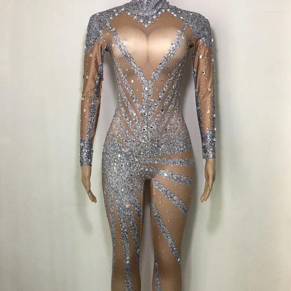 Sahne Giyim Işıltılı Rhinestones Uzun Kollu Tulum Gece Kulübü Elastik Leotard Kadınlar DJ Dansçı Performans Çılgın Dans Kostüm