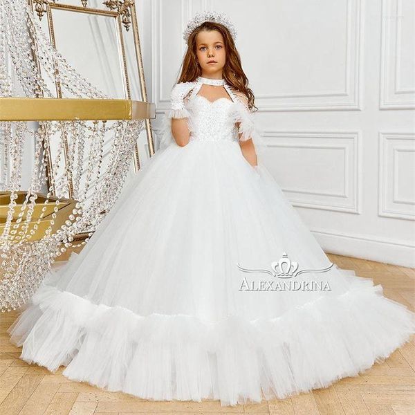 Mädchenkleider Weißes, mit Perlen verziertes Blumenmädchenkleid für Hochzeiten, Kinder, Spitze, appliziert, Ballkleid, böhmische Party, Festzugskleider, Wurf, Baby-Geburtstag