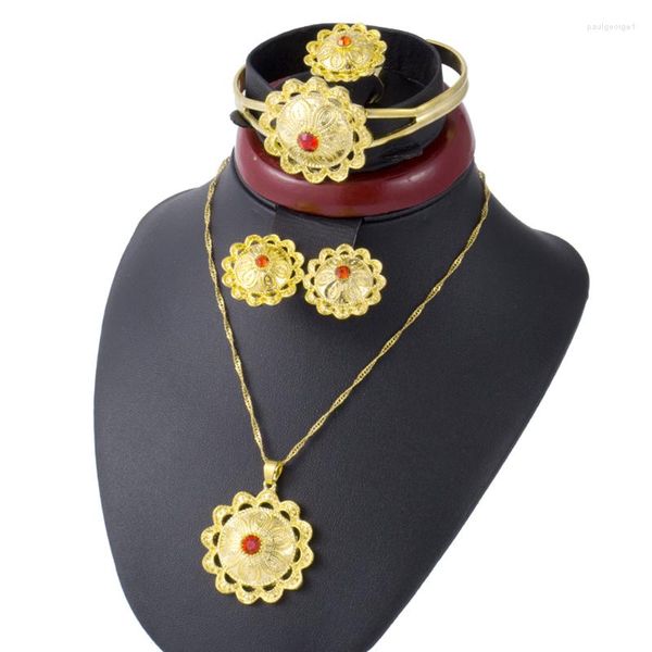 Серьги по ожерелью набор красного камня Хабеша Африка Женщины Ювелирные изделия Золото Золотое Цветовое Серьера Свадебная невеста Эфиопская Ближняя Восток Арабское кольцо