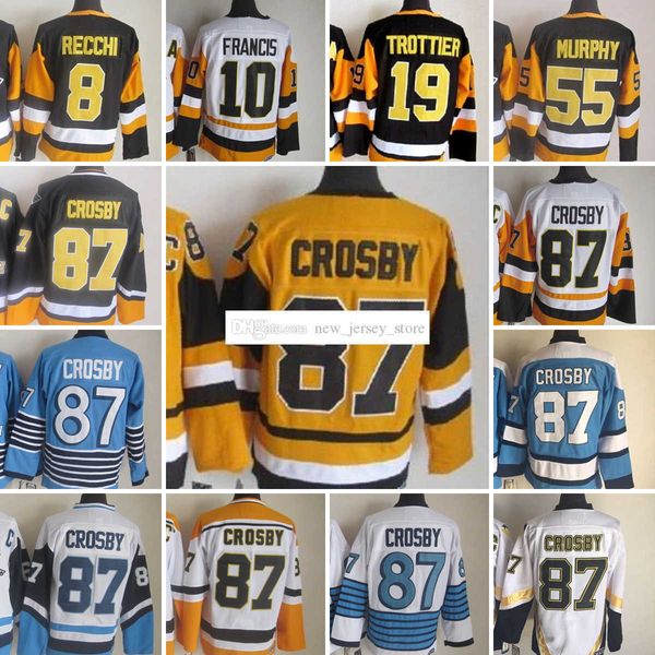 1967-1999 Filme Retro CCM Hockey Jersey Bordado 87 Sidneycrosby 55 Larrymurphy 19 Bryantrottier 10 Ronfrancis 8 Markrecchi Vintage Jerseys White