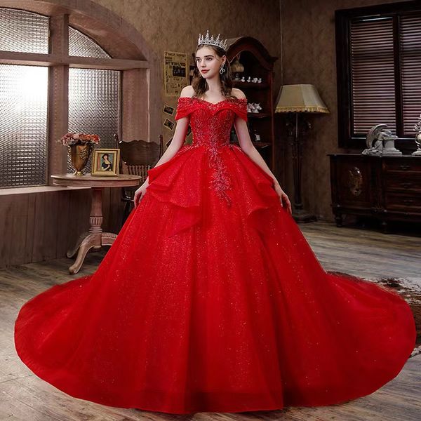 Abito da ballo lungo in pizzo di cristallo scintillante di lusso con tulle Cattedrale di strascico Abiti da sposa Custom Made Luxury arabo dubai rosso Vestidos De Novia Robe Mariee