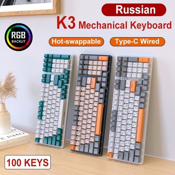 Русская клавиша K3 100 Keys RGB Mechanical Keyboard для геймеров Hot-Swap Knor Type-C Wired Game Bookards Персонализированные клавиши