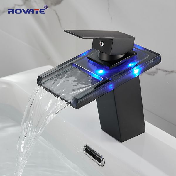Badezimmer-Waschtischarmaturen ROVATE Badezimmer-Waschtisch-LED-Glas-Wasserhahn RBG 3 Farben Heller Wasserfall Einhand-Einloch-Mischbatterie/Wasserhahn Mattschwarz 230311