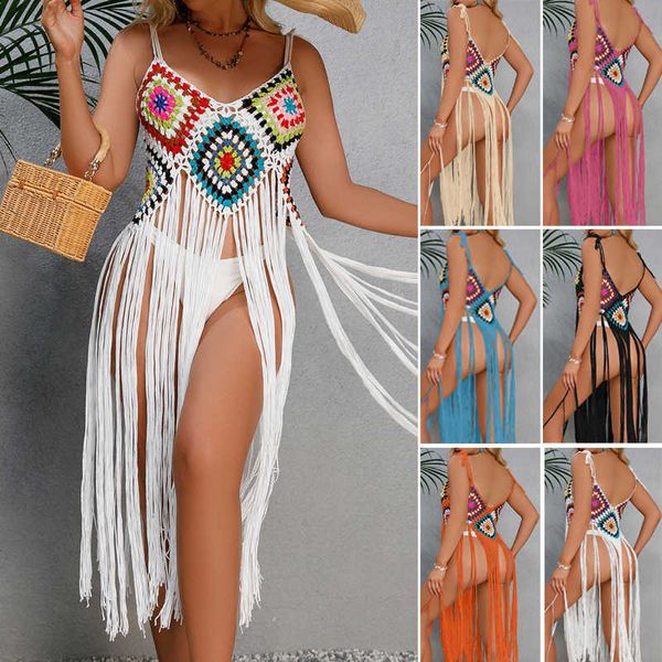 Damenbadebekleidung 2023 Neue Häkeln Böhmen Lange Fransen Quaste Strand Cover-ups Kleid Sexy Frauen Bikini Bademode Badeanzug Cover Up Beachwear Y230311