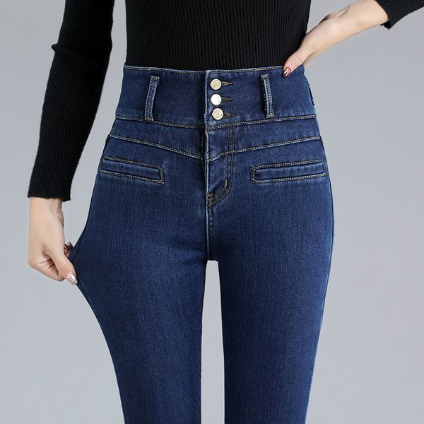 Jeans da donna Jeans skinny sexy a vita alta da donna Pantaloni invernali in denim elasticizzato spesso blu retrò blu nero 230311