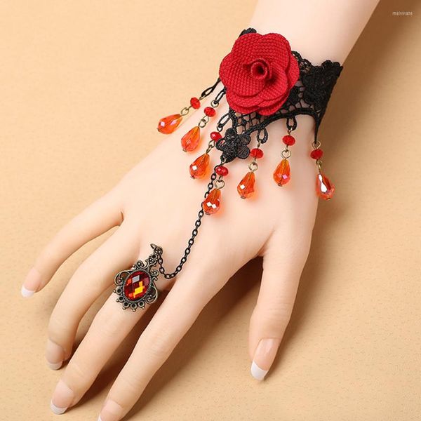 Pulseira de pulseira anel de renda steampunk pulseira retro dedo nupcial feminino escravo Flor Floral Gothic Set anéis