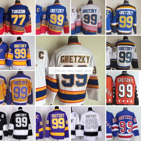 1967-1999 Film Retro CCM Hockey Jersey Stickerei 99 WayneGretzky 77 PierreTurgeon Vintage Jerseys Schwarz Blau Weiß