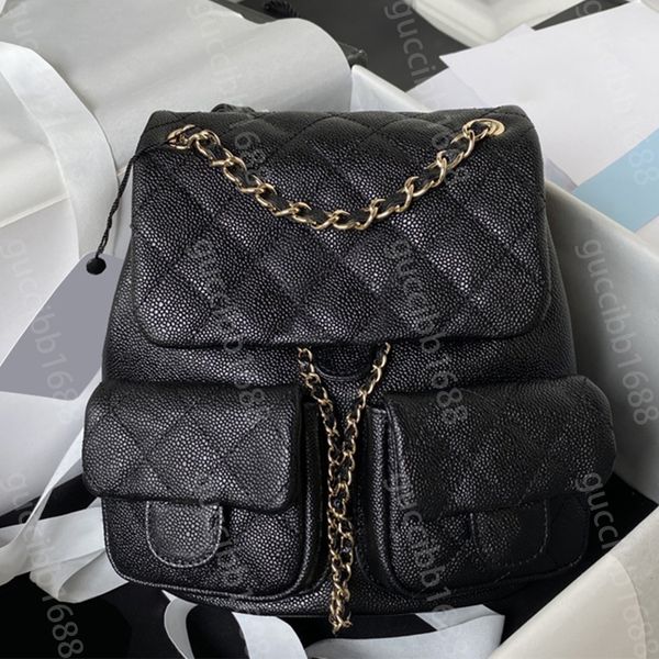 10A kleiner Designer-Rucksack in Spiegelqualität, 21 cm, glänzend genarbtes Kalbsleder, Handtasche für Damen, echtes Leder, gesteppte Klappe, doppelter Kettenriemen, Schultertasche, schwarze Tasche mit Box