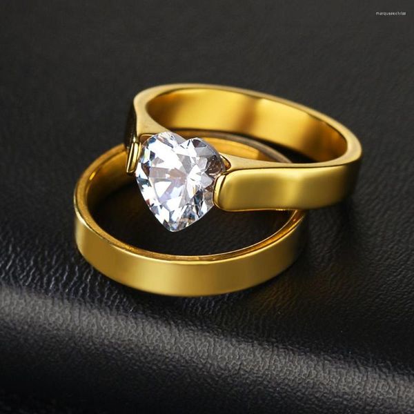 Eheringe 2 stücke Klassische Kristall Liebe Herz Gold Farbe Für Frauen Männer Paar Ring Set Freundschaft Engagement 2023 Schmuck