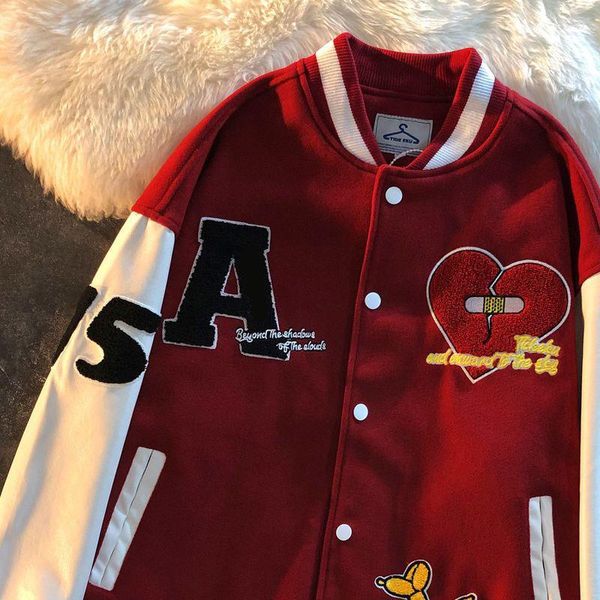 Herrenjacken American Vintage Jacke Beflockung Liebe rote Baseballuniform für Männer Frauen Hip-Hop lose Nähte High-End-Paar Bombermäntel