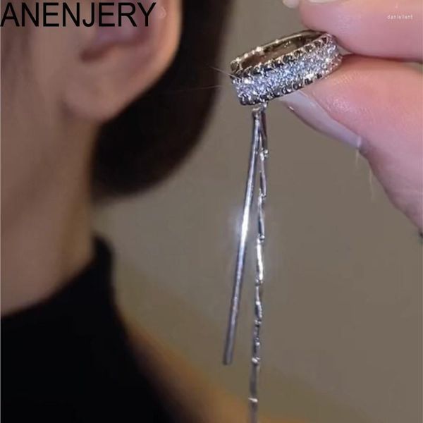 Brincos de backs Anenjery Shiny Zircon Clip de manguito de borla longa para mulheres clipes de osso de luxo leves sem orifícios pulseras de jóias