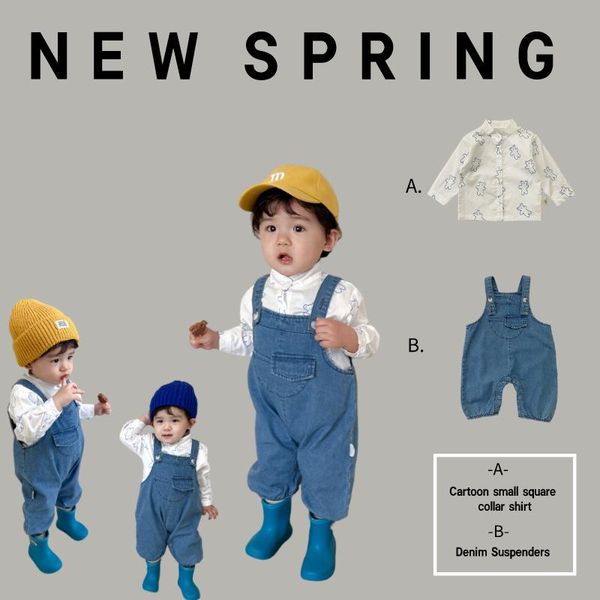 Set di abbigliamento Neonati maschi e femmine Set White Bear Camicia casual Salopette di jeans Bambini Estate 2023 Abbigliamento