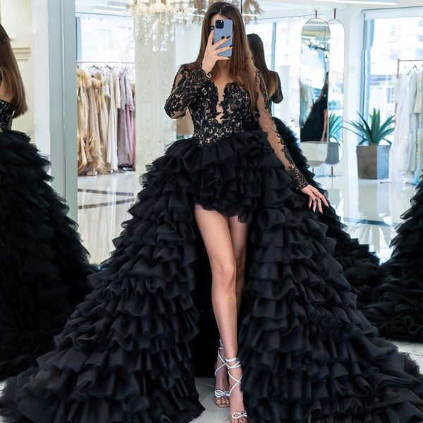 Vestidos de baile de vestido de baile de baixo banheiro preto com alto aniversário Tiere Birthday Wear renda de manga longa fêmeas em camadas vestidos de fie