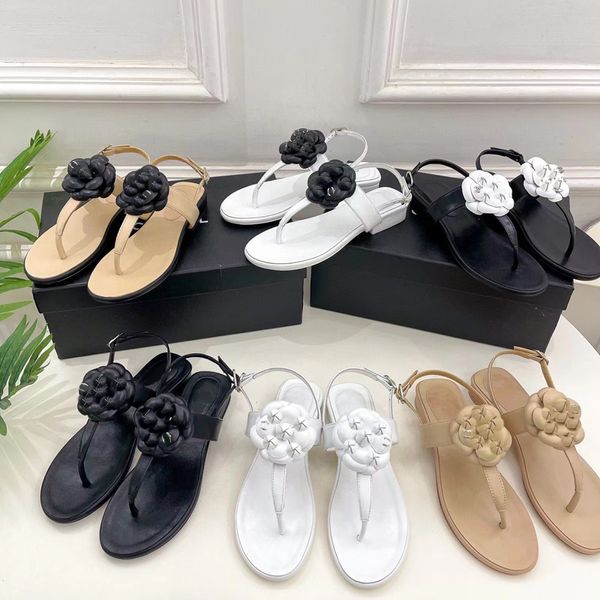 2023 slide plano camélia flip-flops chinelo para mulheres verão sexy couro genuíno preto branco cáqui dedos planos sandálias ladys luxo designer designer flor chinelos