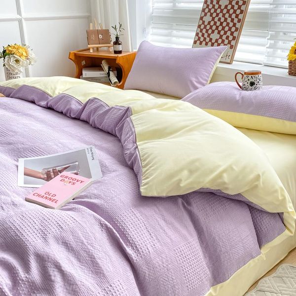 Set di biancheria da letto 150/180/200 CM Walf Quadri Viola Giallo Poliestere Lenzuolo Copripiumino Federa Quattro pezzi Primavera Autunno Set M044-5