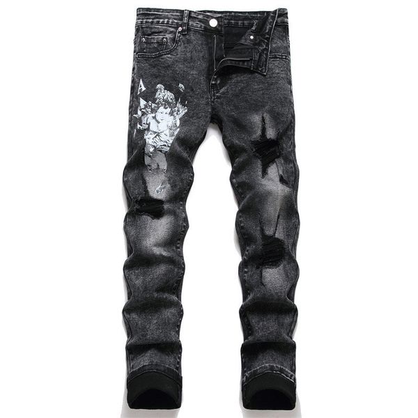 Amissi American Printed Jeans для мужчин Мужские джинсы Мужчины черные регулярные джинсы звезды Geans Orange Stars Printed Беспокойный мотоцикл байкер Джин Рип Слим Фат Скинни Человек