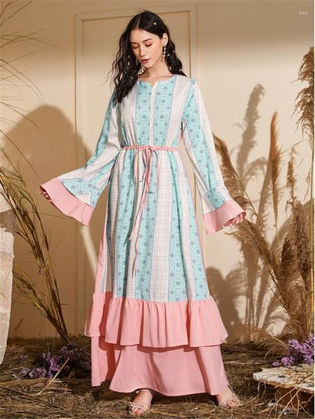 Casual Kleider Muslimischen Kleid Mode Druck Getäfelten Frauen Abaya Nahen Osten Lange Kimono Gürtel Dubai Türkei