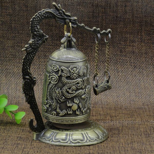 Scolpito Cina Antica Dragon Bell Antiquariato asiatico Rame Ottone Lotus Buddha Buddismo Arti Statua Orologio Artigianato decorativo per la casa