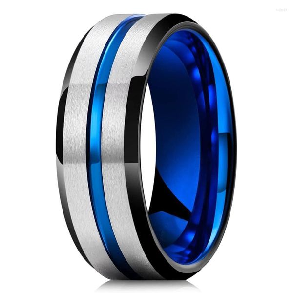 Anéis de casamento Fashion 8mm Blue Rodless Aço Stainless Anel para homens Jóias unissex de artesanato escovado de prata