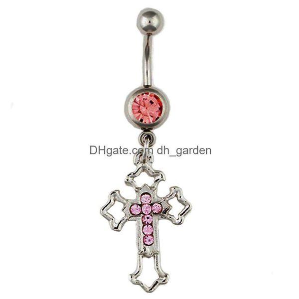 Navel Bell Button Rings D0538 Cross Pink Color Belly Ring Drop Delivery Jewelry Body Dhgarden Dhsti