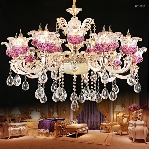 Chandelins Luxo Europeu Luxo Cristal Purple Candelieiro Duplex Building Room Larroom French Lhlow Velas de liga francesa