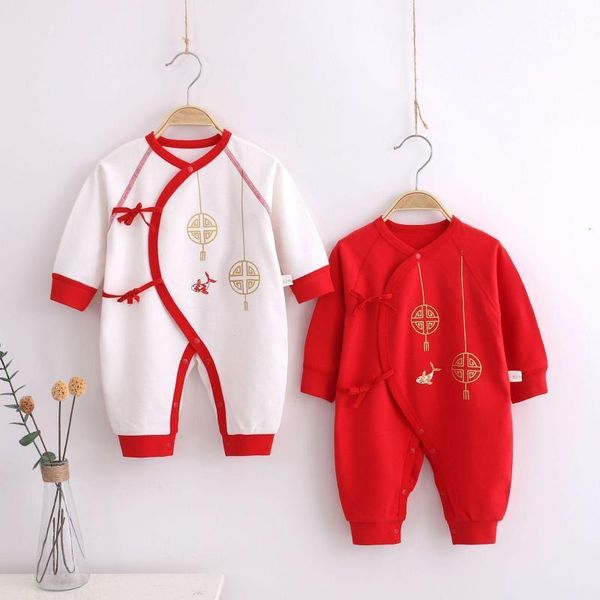 Rompers Ano Meninas Meninas Roupas Autumn e Prodelador de algodão para meninos nascidos 0-6m estilo chinês Red Salbing Salpsuits INS 230311