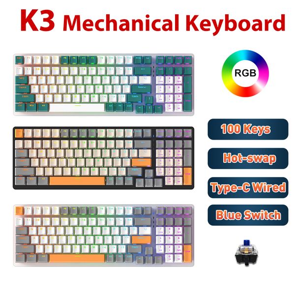 K3 Hot-wappybodate Gaming Mechanical Keyboard 100 клавиш RGB Bearlight USB Type-C Wired Gamebards для настольного компьютера Gamer