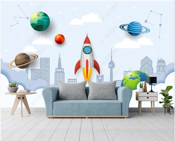 Tapeten 3D-Po-Tapete, individuelles Wandbild an der Wand, moderner Cartoon-Planet, Weltraum, Stadt, Kinderzimmer, Heimdekoration für Wände in Rollen