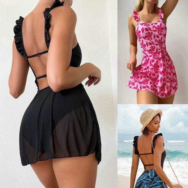 Costumi da bagno da donna Nuovo costume da bagno Donna Costume da bikini sexy Triangolo da bagno Costume intero Gonna tinta unita Openback Yb y