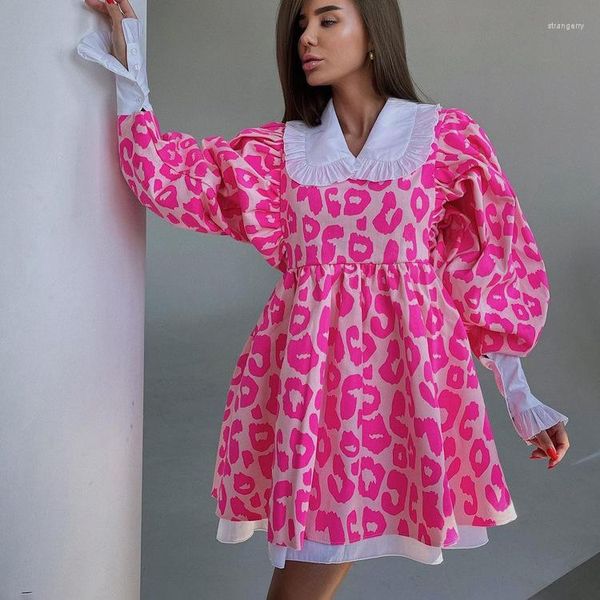 Vestidos casuais mulheres vestido primavera e outono moda de manga longa cão alta imprimir um colarinho de colarinho bolha bolhada de leopardo rosa fofo