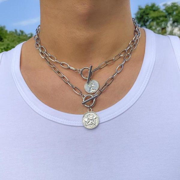 Anhänger Halsketten KunJoe 2 teile/satz Vintage Geschnitzte Münze Halskette Für Männer Punk Hip Hop Silber Farbe Link Kette OT Schnalle Choker