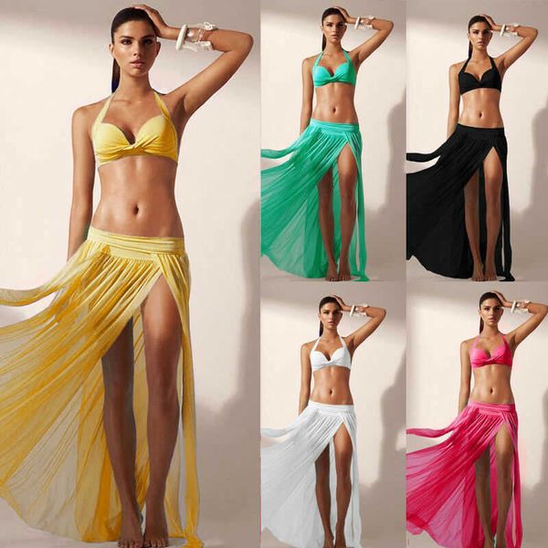 Apresenta de banho feminina de biquíni alta biquíni na praia Praço de chiffon maxi longa saia aberta