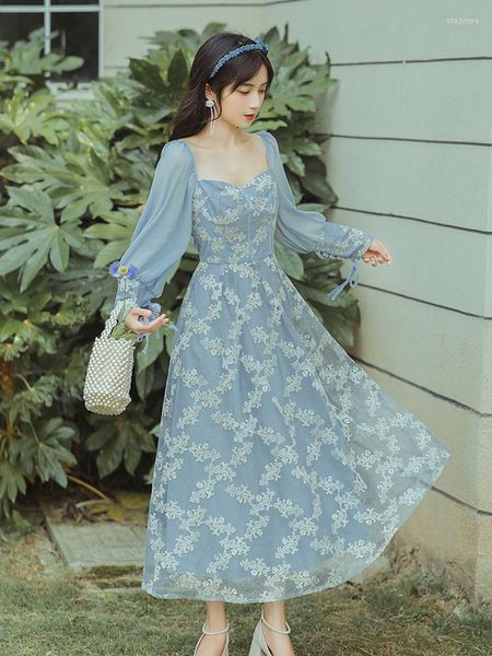 Vestidos casuais French Lace vintage bordado Romântico Fairy Dress Women Women Lantern Sleeve Autumn Evening Vestidos Elegantes para Mujer