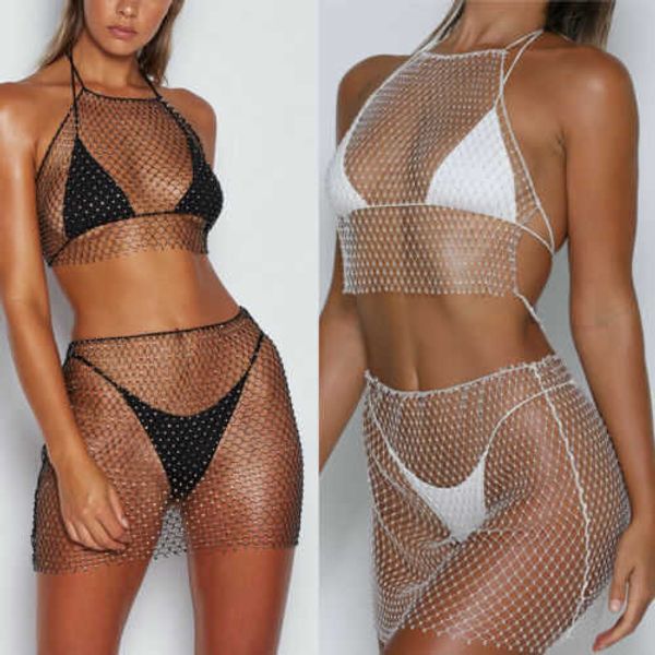 Kadın Mayo Kadınları Yeni Seksi Mesh Sheer Mini Plaj Elbise Bikini Kapaklar Sarong Yaz Giyim Mayo Kısa Etek Yelek Y2303